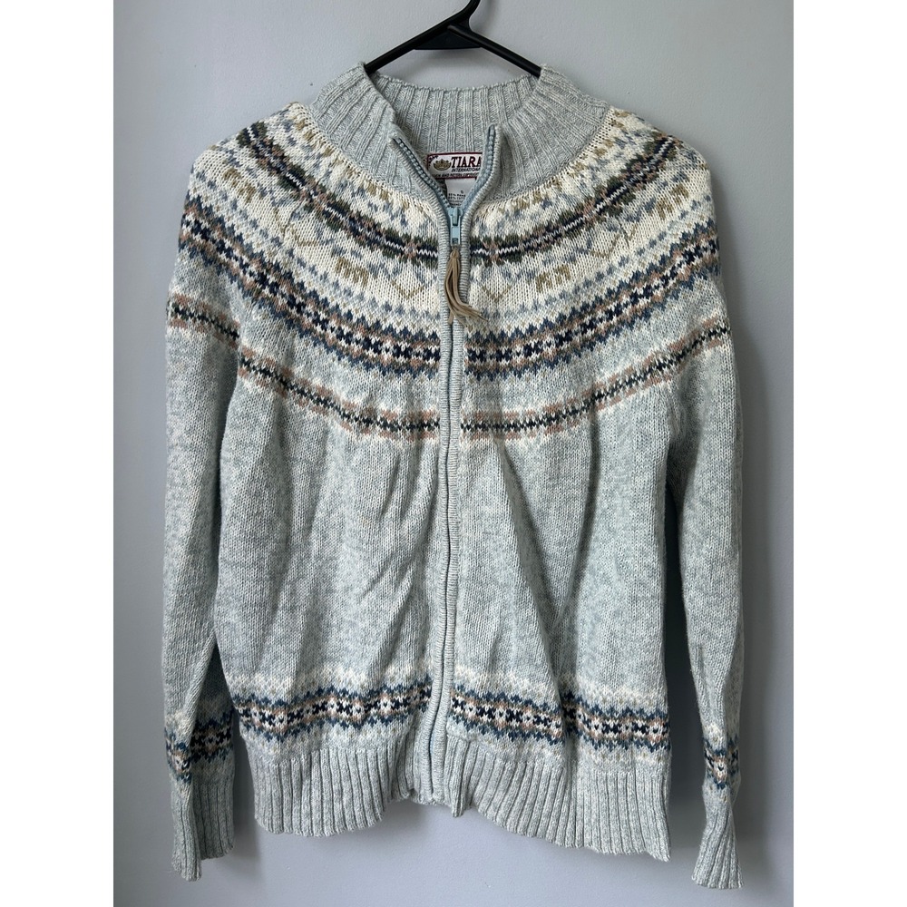 Tiara International Fair Isle Full Zip Cardigan Sweater Gray Ramie Cotton Small